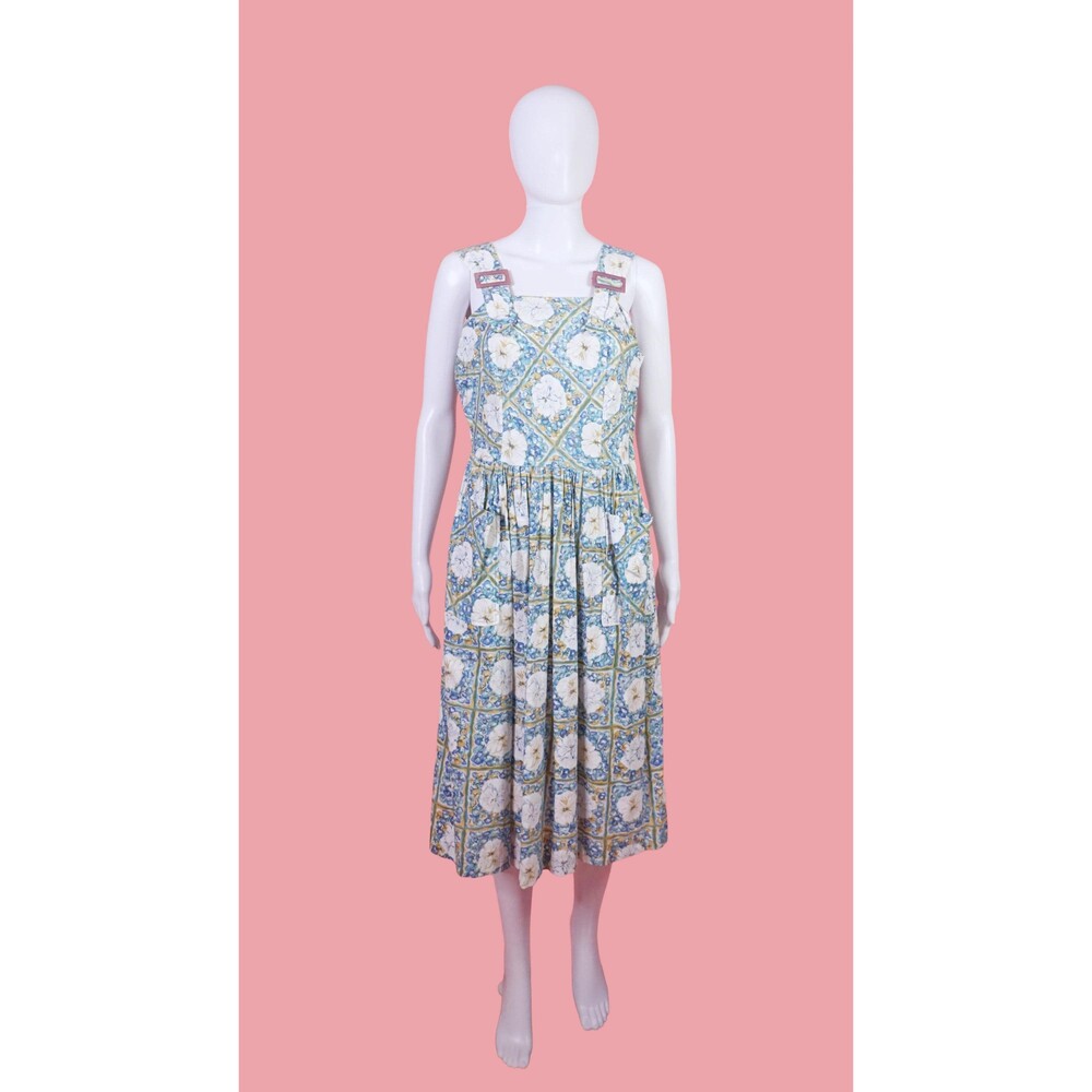 40s COTTON CITY Floral Print Dress W/Plastic BUCKLE Straps & Gathered Skirt. M-L